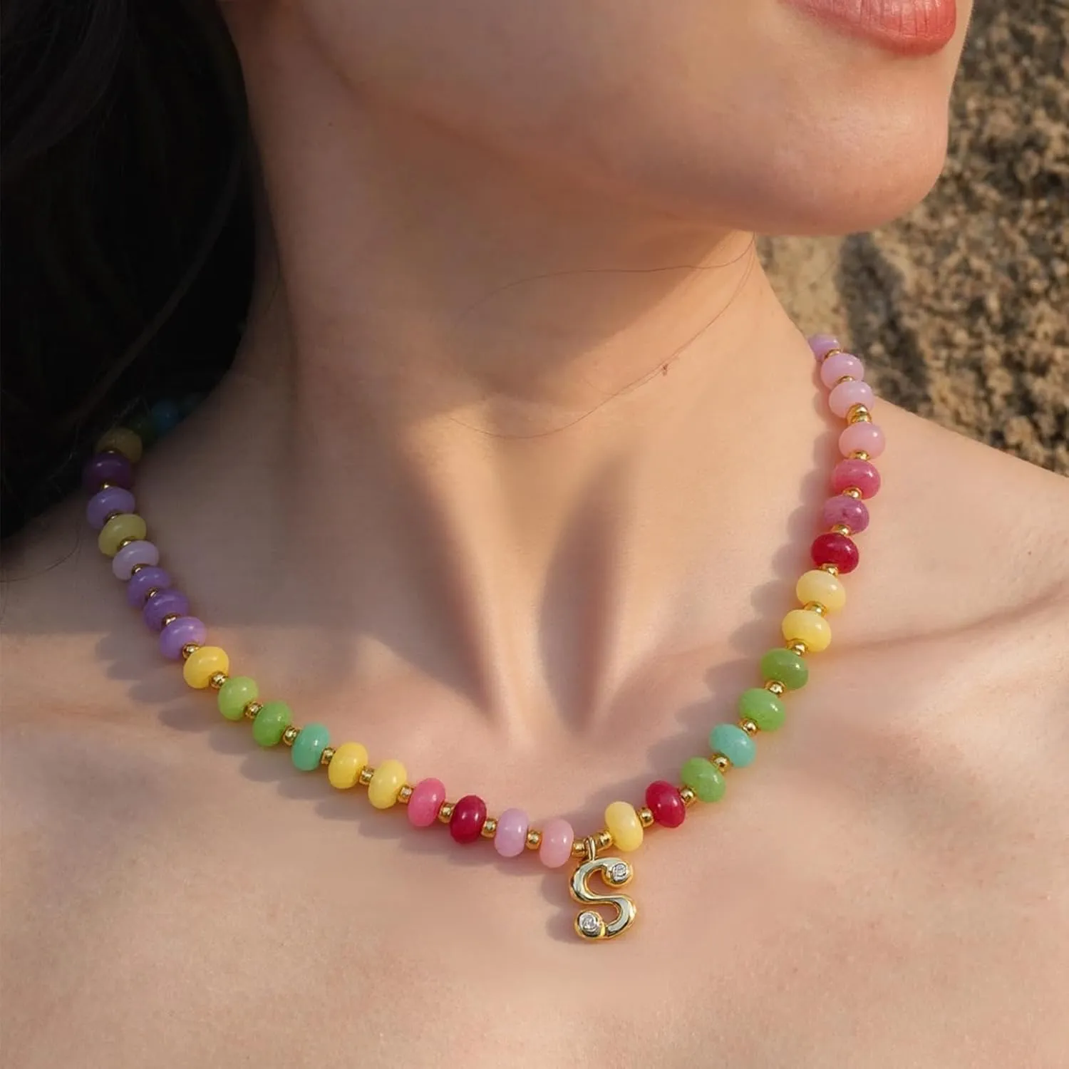 Initial Necklaces for Women with Bubble Letter Pendant and Colorful Beaded Gemstone - Choker 14k Gold Dainty Charm Natural Stone Handmade Jewelry Gift