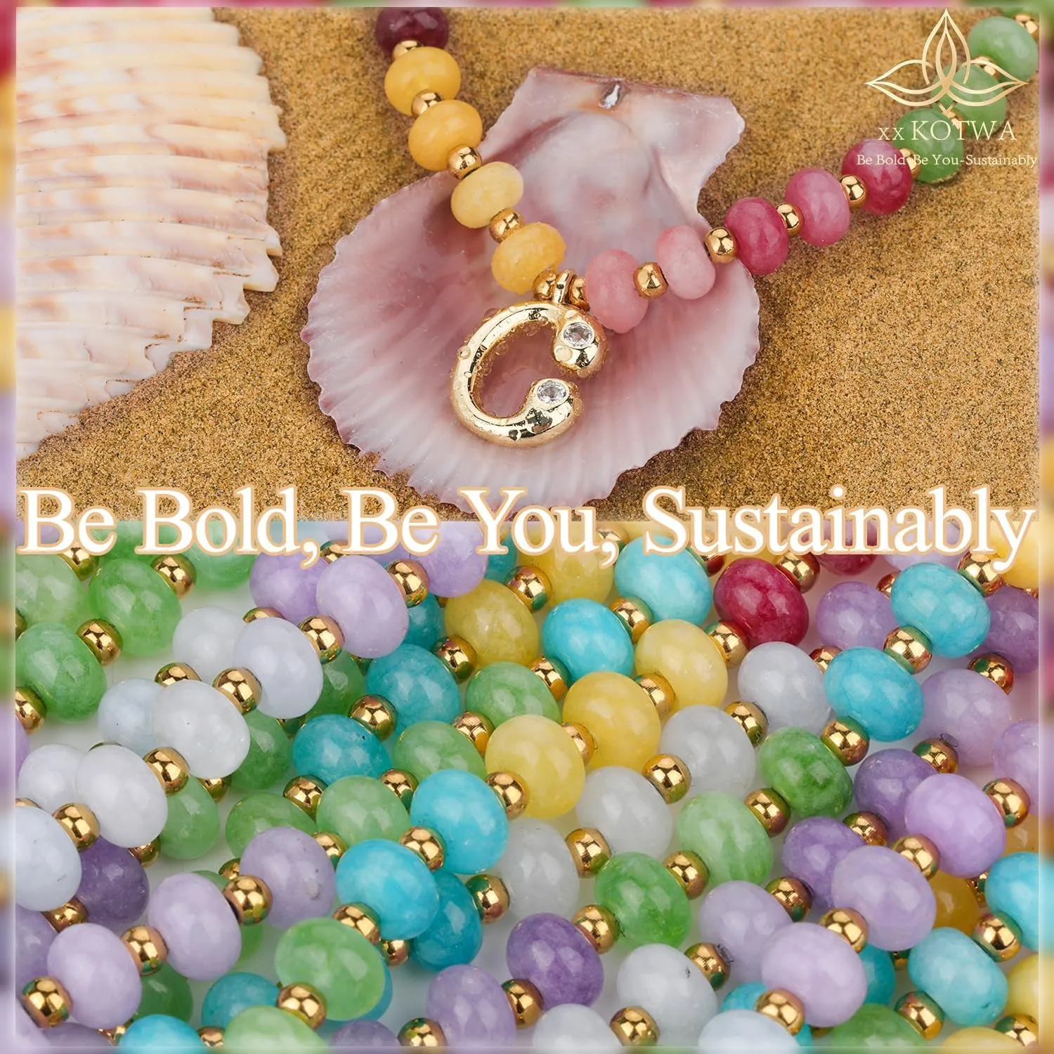 Initial Necklaces for Women with Bubble Letter Pendant and Colorful Beaded Gemstone - Choker 14k Gold Dainty Charm Natural Stone Handmade Jewelry Gift