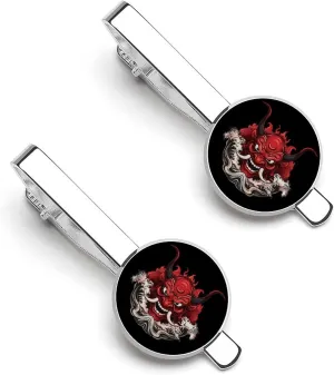 Japanese Wave Demon Red Samurai Oni Mask Men's Tie Clip Round Tie Bar Tie Tack Pins Personalized Tie Clasp Jewelry Accessories