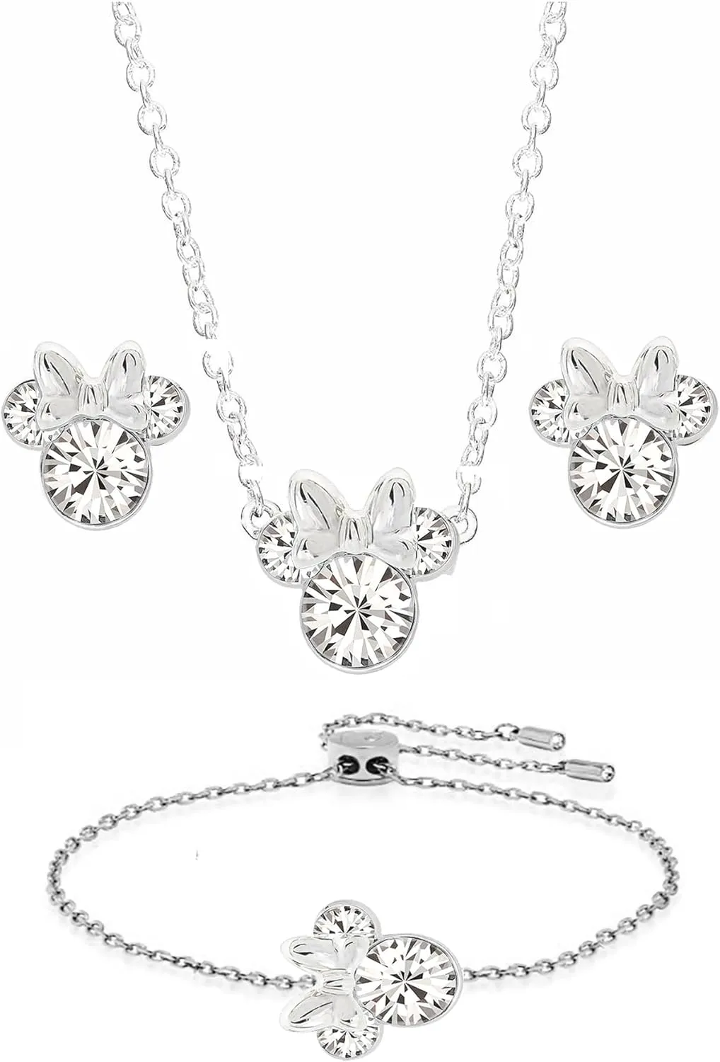 Jewellery Sets for Women - 925 Sterling Silver Clear Zirconia Mouse Pendant Necklace and Mouse Stud Earrings with Adjustable Infinity Link Bracelet for Women Girls