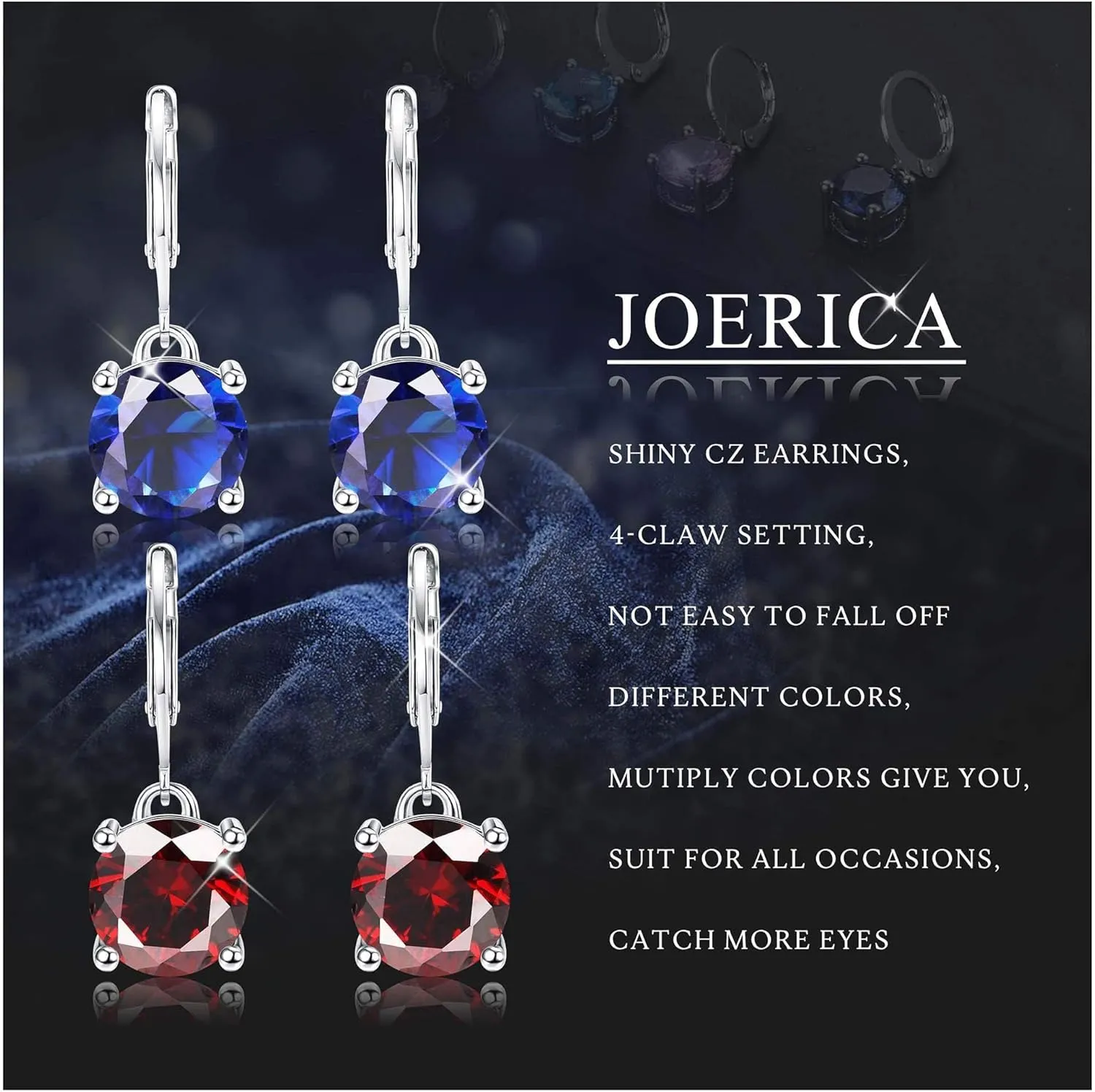 JOERICA 12 Pairs Leverback Dangle Earrings for Women Stainless Steel Dangle Hoop Earrings Set Multi Colored 8mm Cubic Zirconia Earrings
