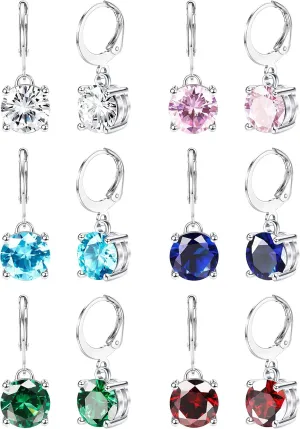 JOERICA 12 Pairs Leverback Dangle Earrings for Women Stainless Steel Dangle Hoop Earrings Set Multi Colored 8mm Cubic Zirconia Earrings