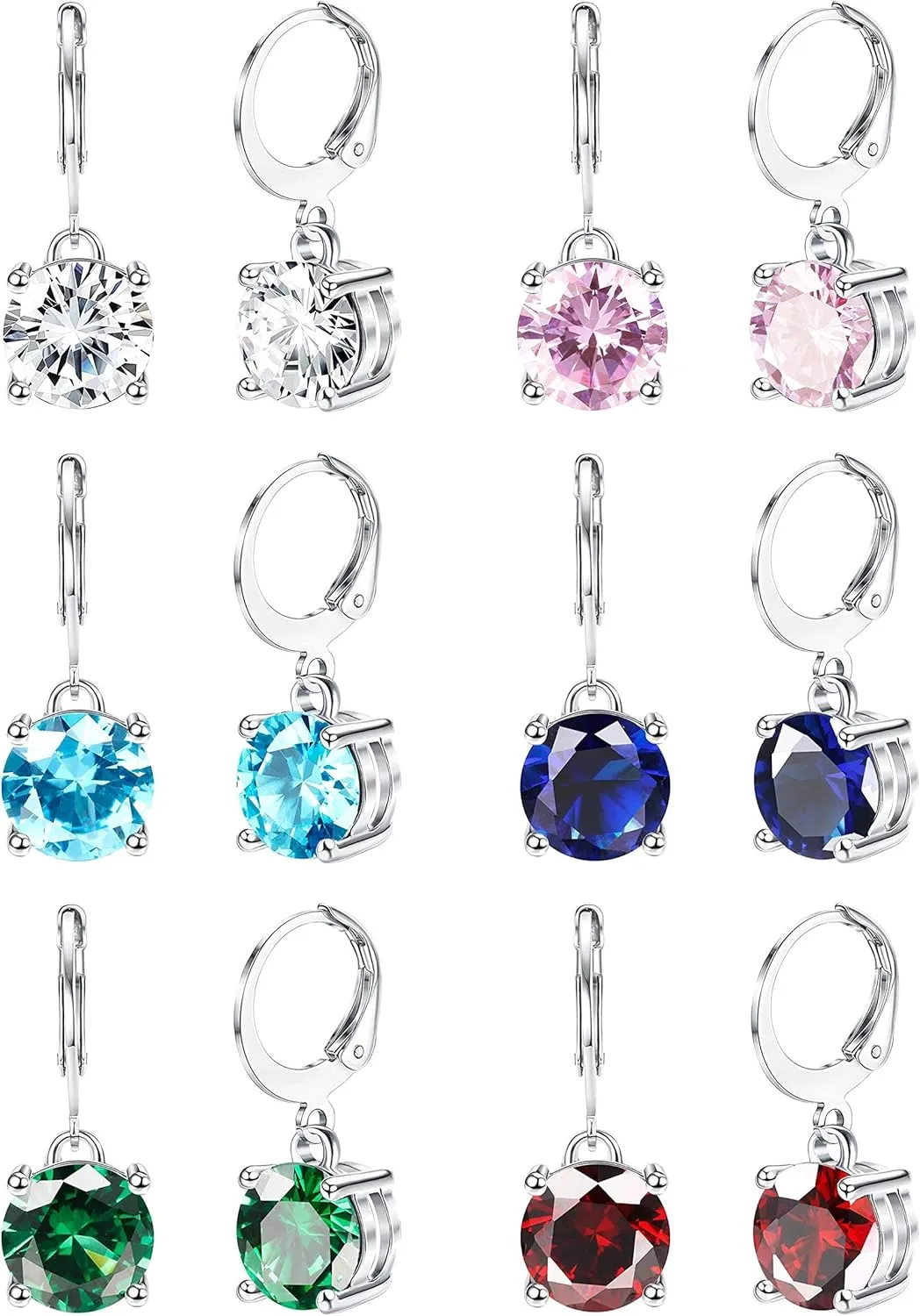 JOERICA 12 Pairs Leverback Dangle Earrings for Women Stainless Steel Dangle Hoop Earrings Set Multi Colored 8mm Cubic Zirconia Earrings
