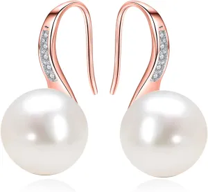JORA Classical Gold Plated 925 Sterling Silver White Freshwater Cultured Pearl Dangle Drop Earrings for Women Girls Gift