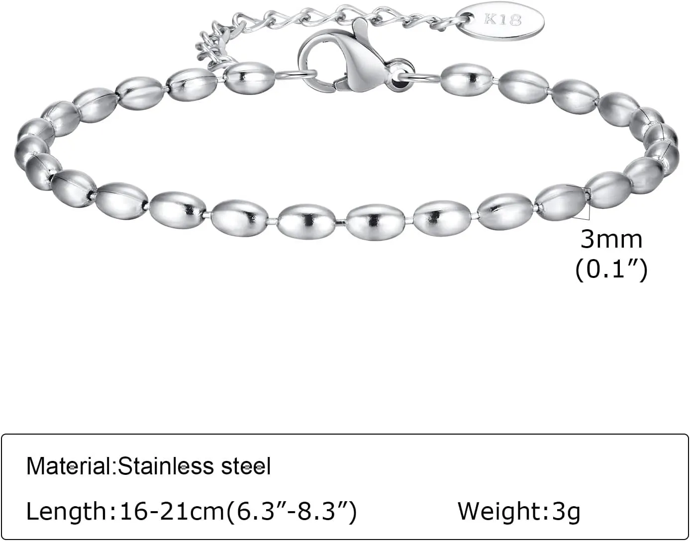 Jude Jewelers 2mm 3mm 5mm Width Stainless Steel Oval Shape Bean Beads Style Chain Bracelet