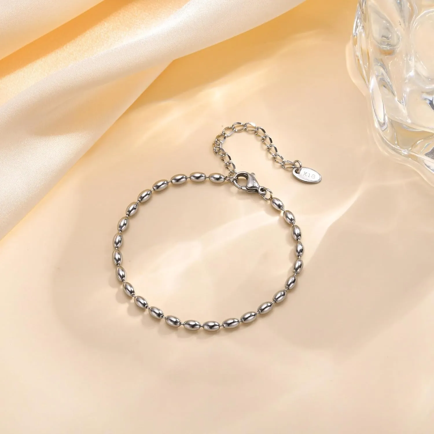 Jude Jewelers 2mm 3mm 5mm Width Stainless Steel Oval Shape Bean Beads Style Chain Bracelet