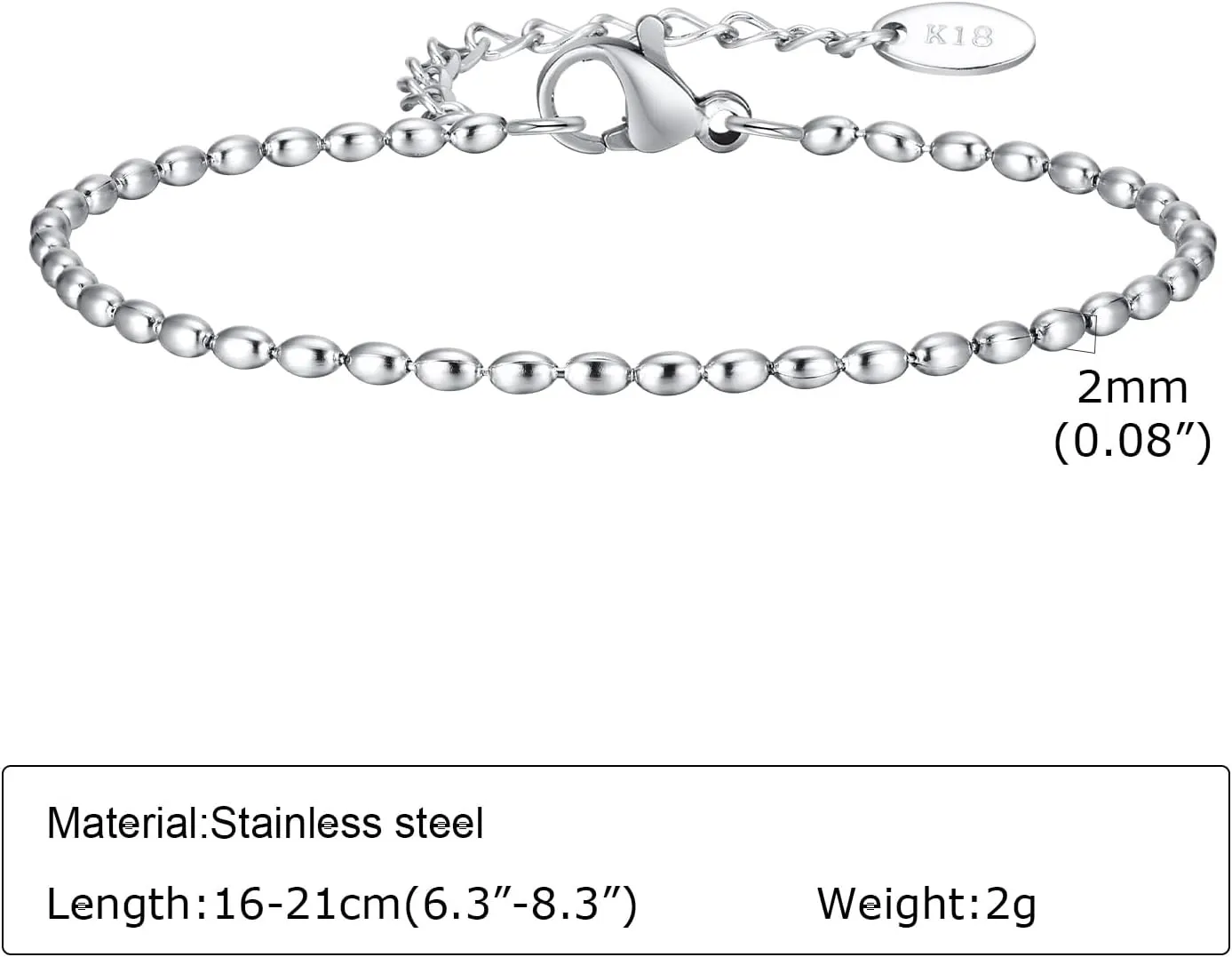 Jude Jewelers 2mm 3mm 5mm Width Stainless Steel Oval Shape Bean Beads Style Chain Bracelet