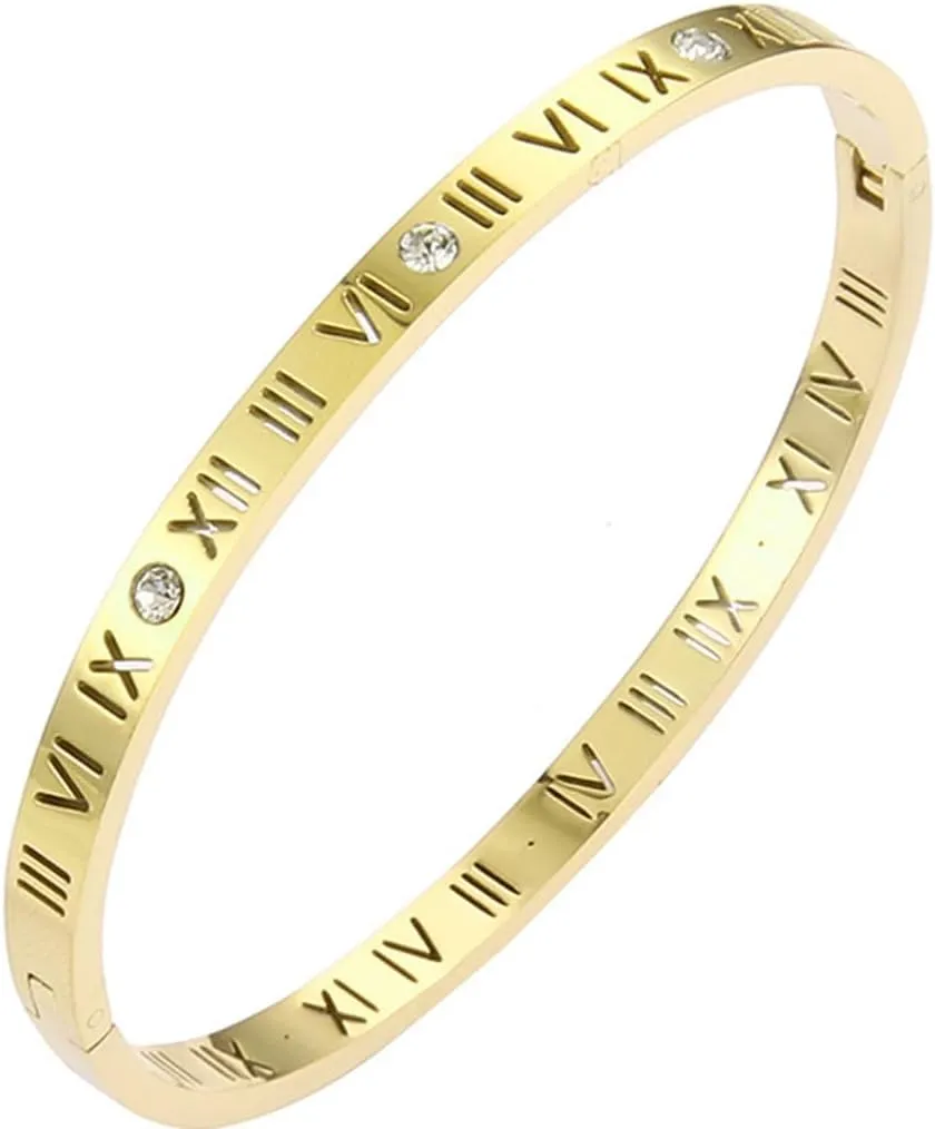 Jude Jewelers 4mm Stainless Steel Open Clasp Roman Numbers Cubic Zircon Filled Bangle Bracelet