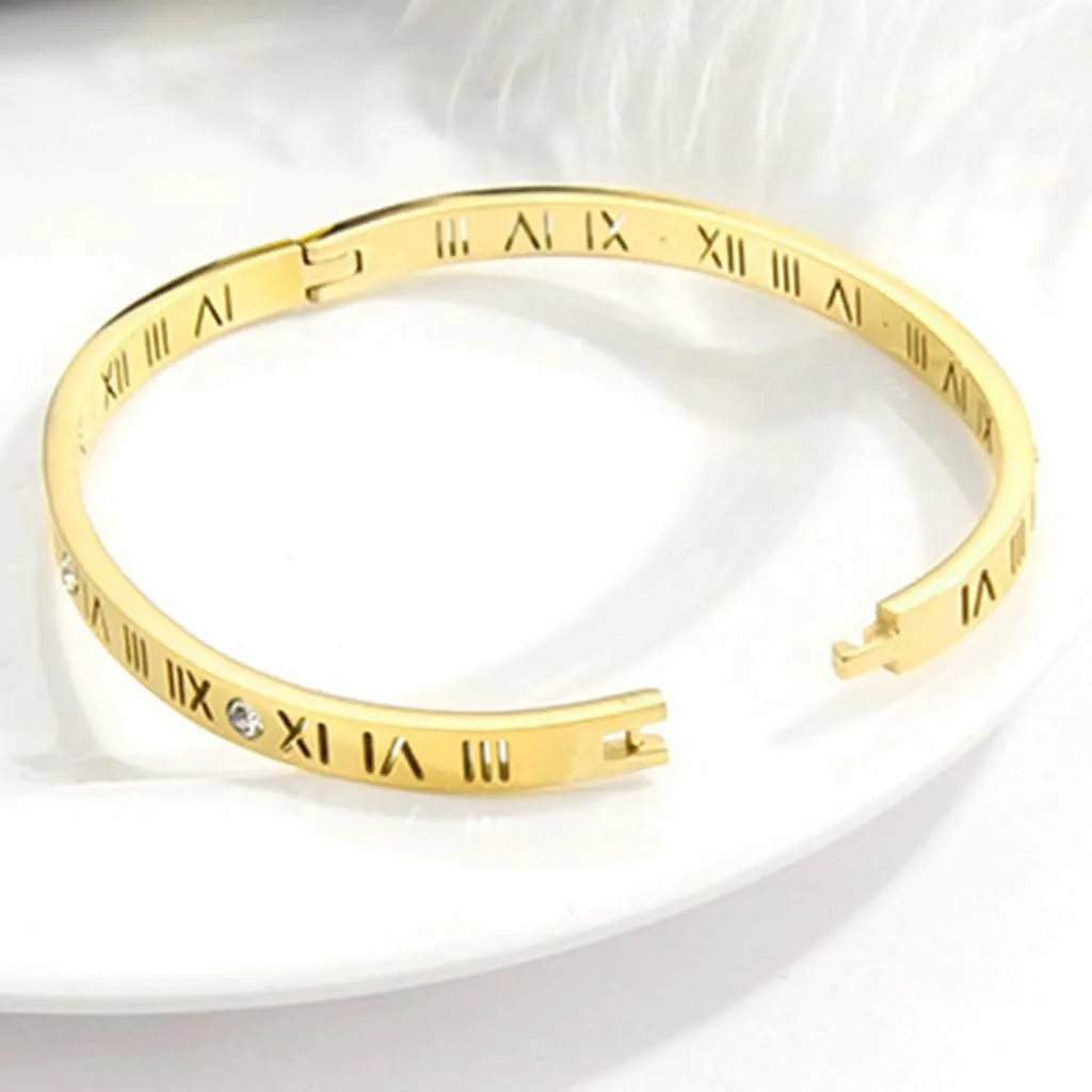 Jude Jewelers 4mm Stainless Steel Open Clasp Roman Numbers Cubic Zircon Filled Bangle Bracelet