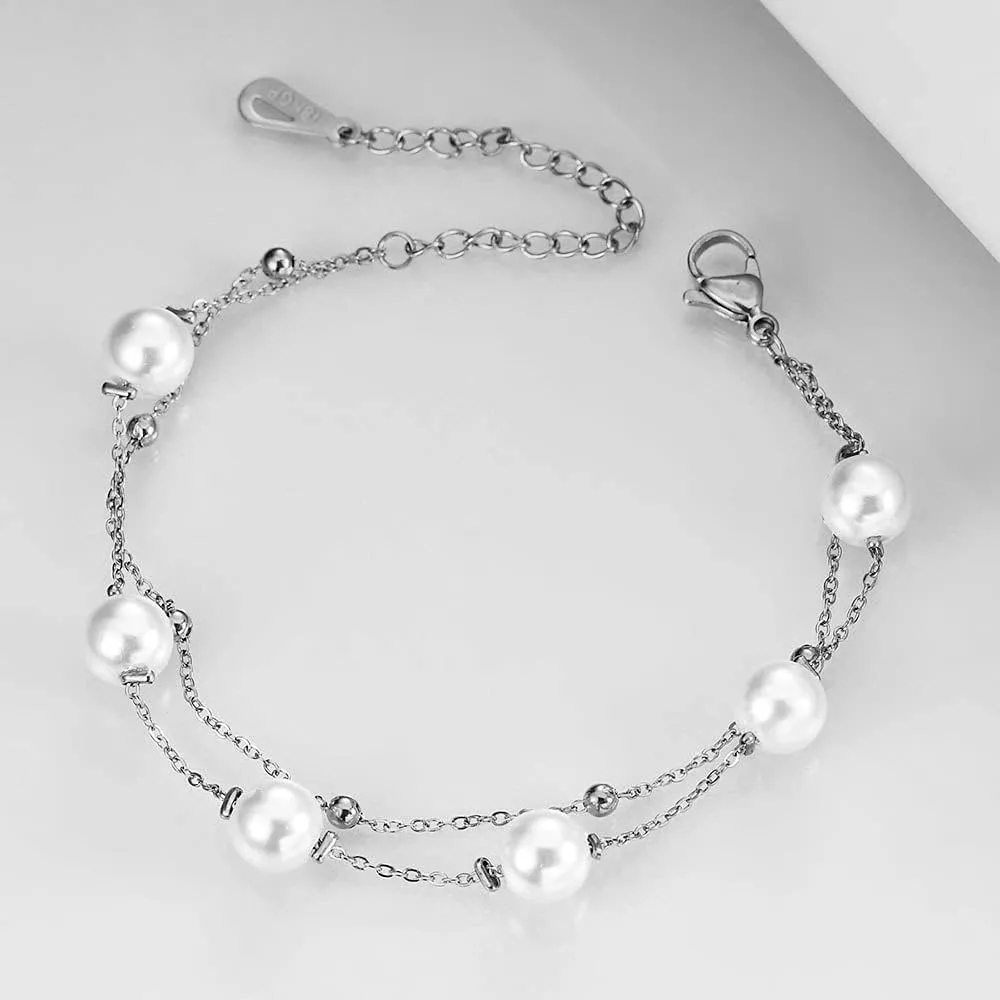 Jude Jewelers Stainless Steel Faux Pearl Chain Style Beaded Party Holiday Bracelet