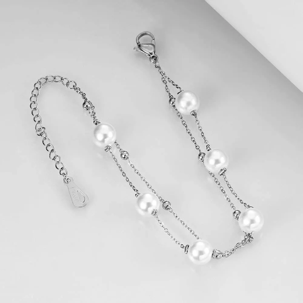 Jude Jewelers Stainless Steel Faux Pearl Chain Style Beaded Party Holiday Bracelet