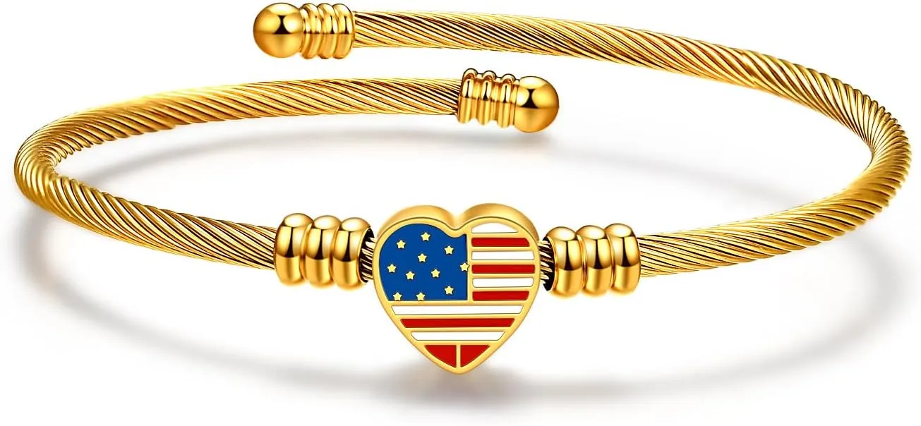Jude Jewelers Stainless Steel Heart Charm Cable Wire Style USA Flag Independence Day Bangle Bracelet