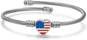 Jude Jewelers Stainless Steel Heart Charm Cable Wire Style USA Flag Independence Day Bangle Bracelet