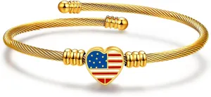 Jude Jewelers Stainless Steel Heart Charm Cable Wire Style USA Flag Independence Day Bangle Bracelet