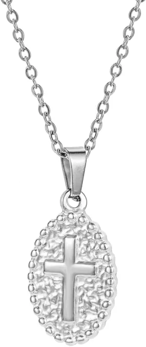 Jude Jewelers Stainless Steel Oval Shaped Christian Cross Hammered Finishing Pendant Necklace