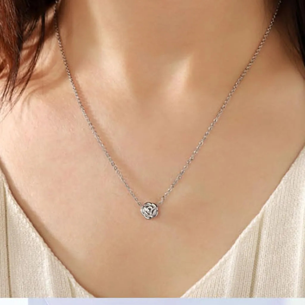 Jude Jewelers Stainless Steel Rose Flower Style Charm Pendant Wedding Party Collar Necklace