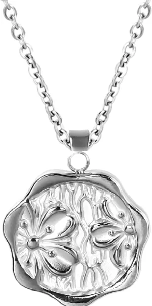 Jude Jewelers Stainless Steel Round Shaped Hammered Flower Style Wedding Statement Pendant Necklace