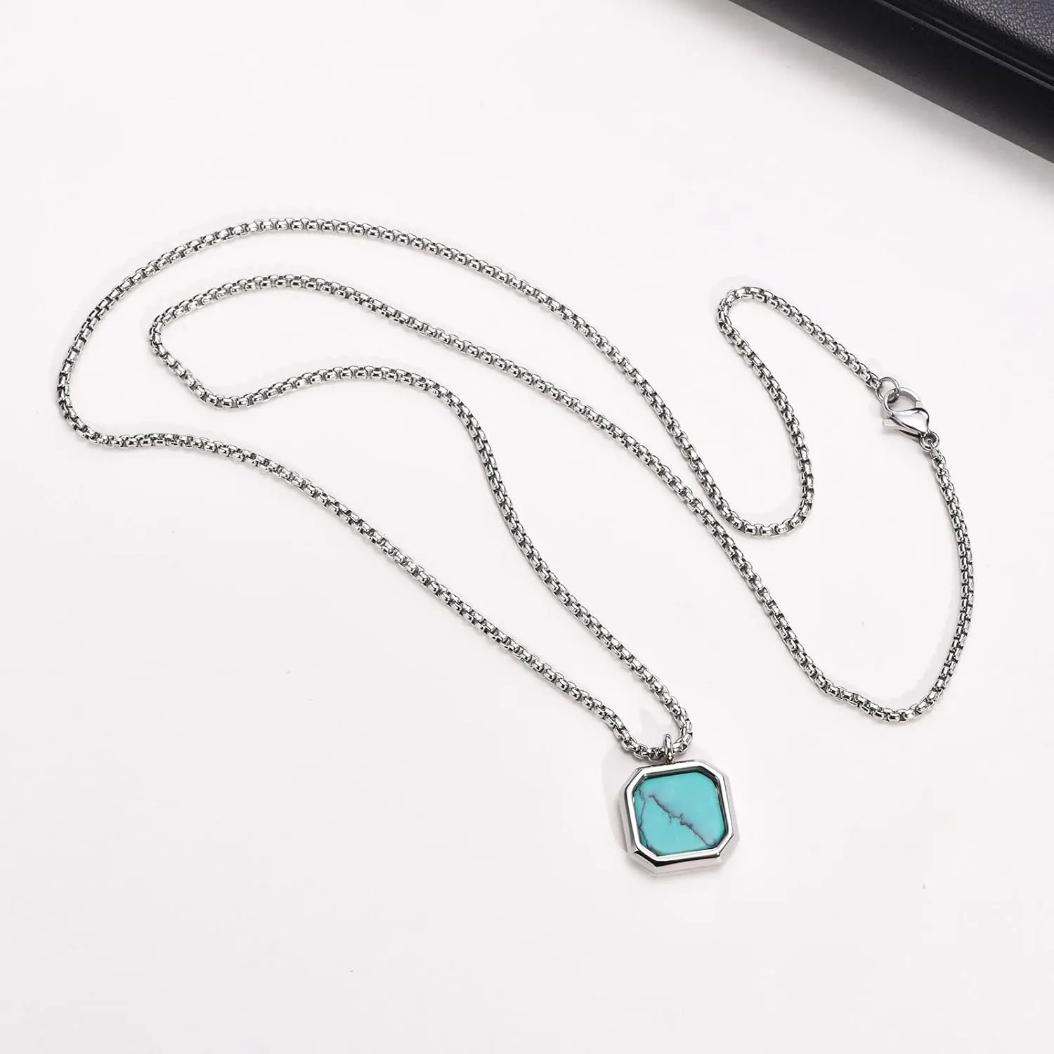 Jude Jewelers Stainless Steel Square Hexagon Created Turquoise Onyx Shell Wedding Statement Pendant Necklace