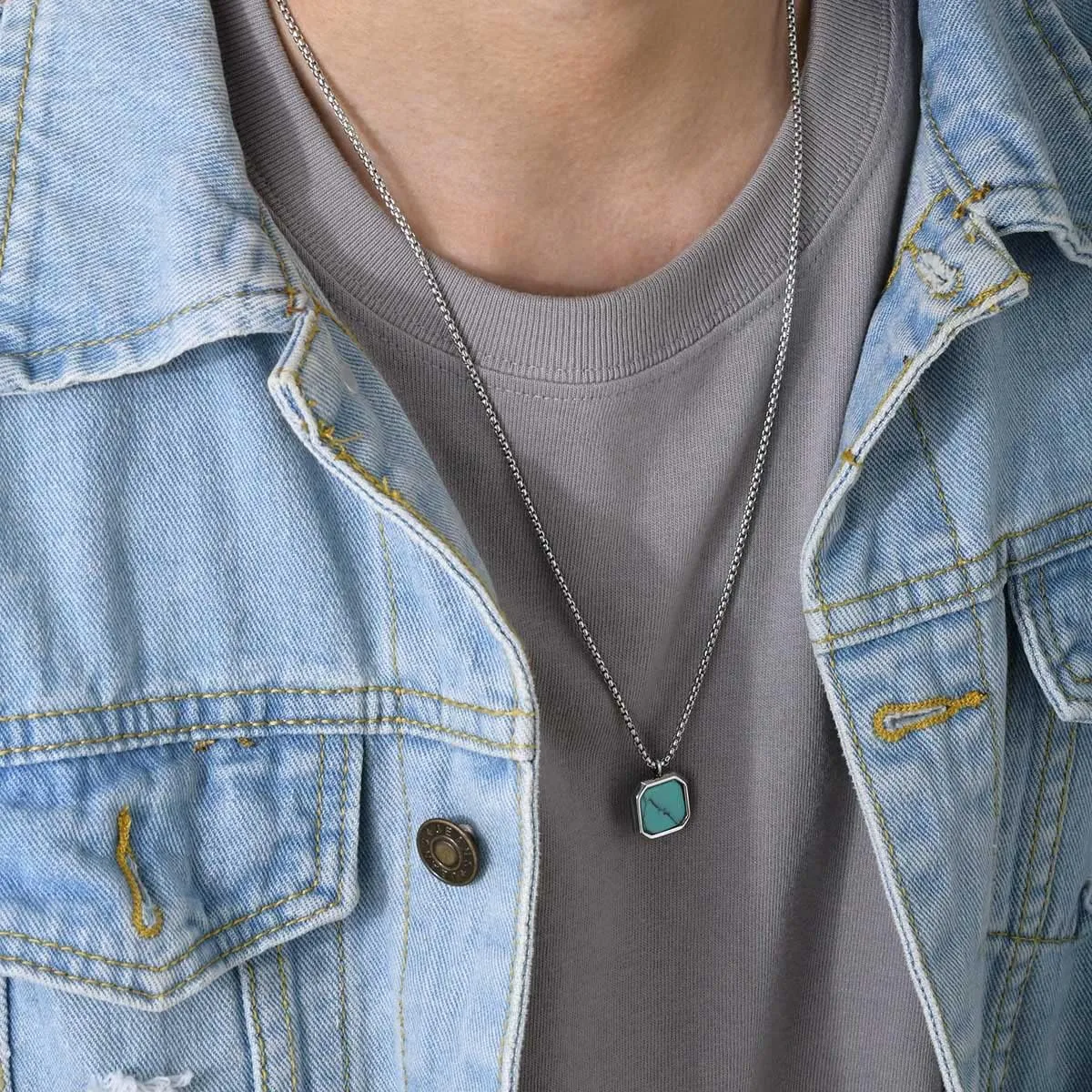 Jude Jewelers Stainless Steel Square Hexagon Created Turquoise Onyx Shell Wedding Statement Pendant Necklace