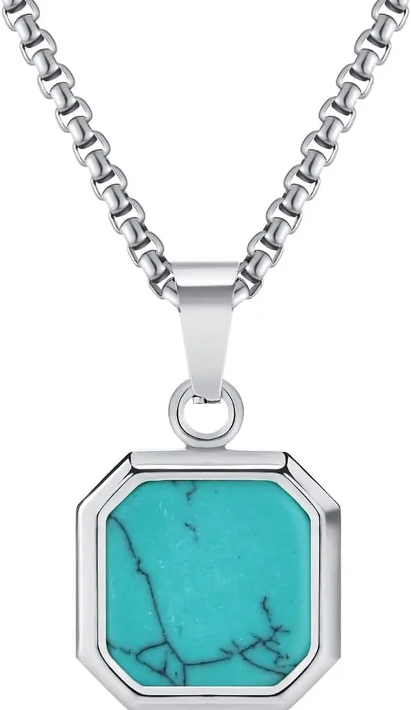 Jude Jewelers Stainless Steel Square Hexagon Created Turquoise Onyx Shell Wedding Statement Pendant Necklace