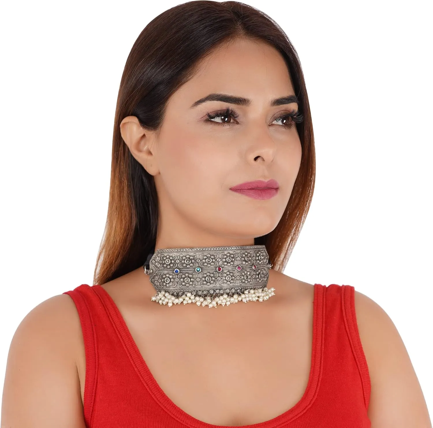 Jwellmart Oxidised Metal Pearl Afghani Tribal Vintage Retro Gypsy Choker Ghungroo Necklace Indian Traditional Bollywood Ethnic Jewelry for Women