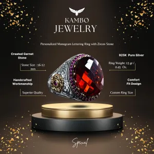 KAMBO Men's Created Garnet Gemstone Ring, 925 Sterling Silver Handcrafted Vintage Style, Healing Crystal Jewelry