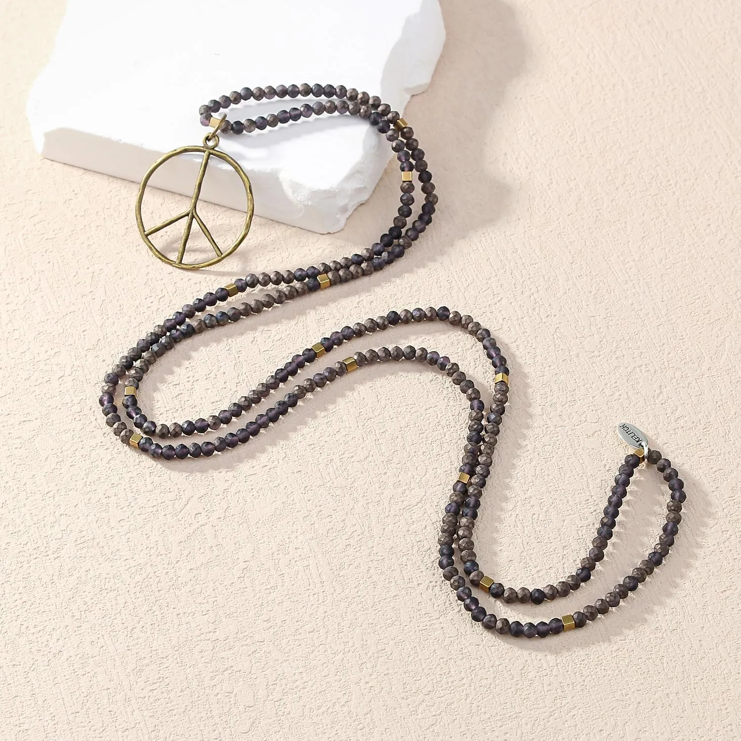 KELITCH Classic Peace Sign Necklace Love Hippie Pendant Frosted Crystal Beaded Necklace