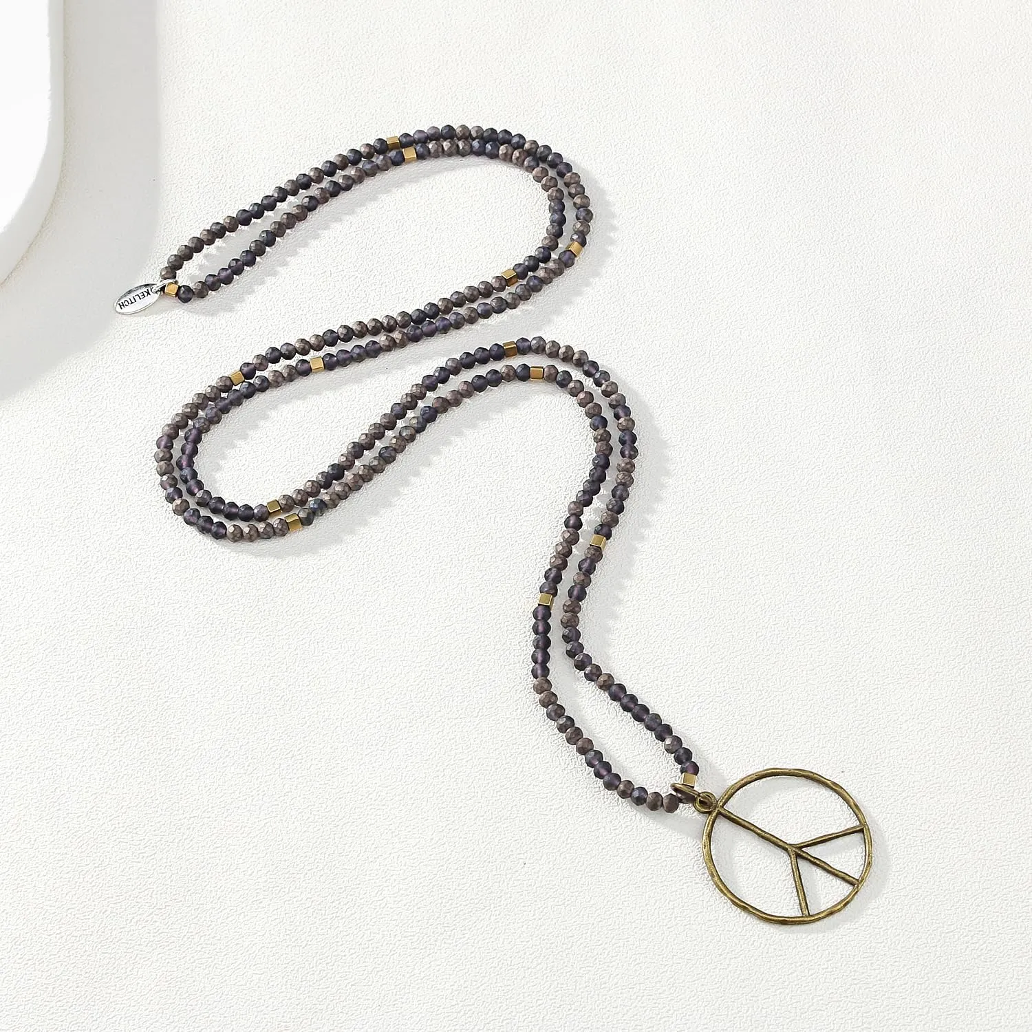 KELITCH Classic Peace Sign Necklace Love Hippie Pendant Frosted Crystal Beaded Necklace