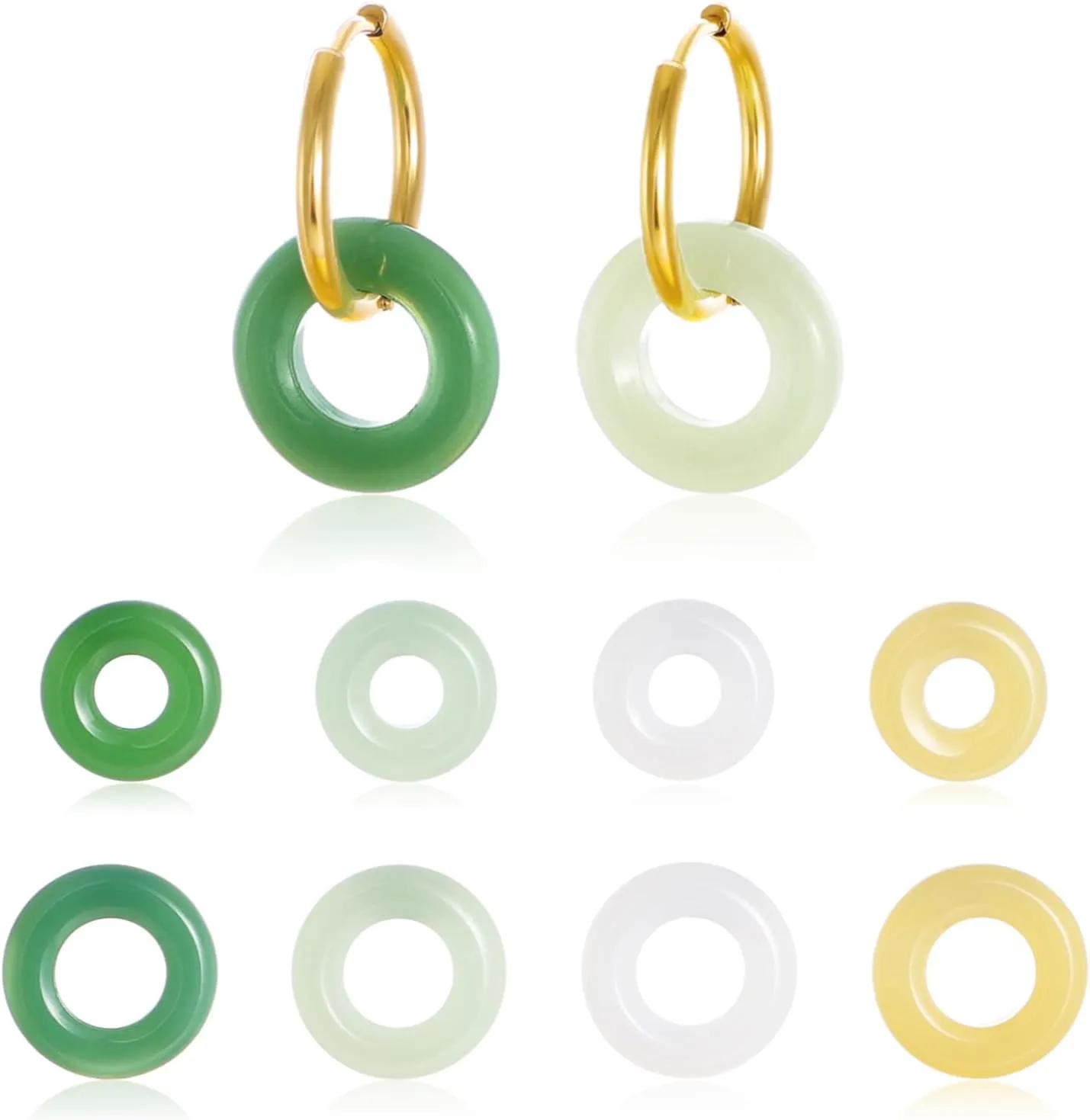 KOMI 18K Gold Plated Stainless Steel Huggie Hoop Earrings and Charm Set for Women, 1 Pair Gold Hoop with 8 Pairs Imitation Jade Dangles Hoop Charms Hypoallergenic Cute Earrings Jewelry