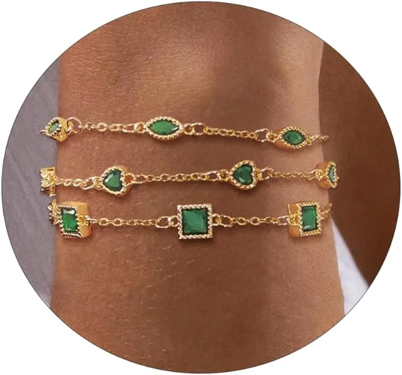 Kyerlyn Gold Layered Bracelets for Women, Dainty 14K Gold Plated Link Bracelet Set Oval Heart Square Green CZ Personalized Bracelet Stack Trendy Everyday Jewelry Gifts