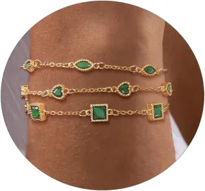 Kyerlyn Gold Layered Bracelets for Women, Dainty 14K Gold Plated Link Bracelet Set Oval Heart Square Green CZ Personalized Bracelet Stack Trendy Everyday Jewelry Gifts