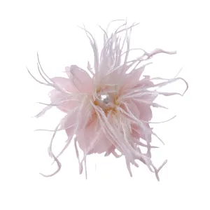 Lady Fascinator Feather Flower Brooch for Women Elegant Shell Pearl Mesh Blossom Hair Clip Wedding Corsage Lapel Pin Bridal Hairband Derby Hat Cocktail Party Costume Accessories (Pink)
