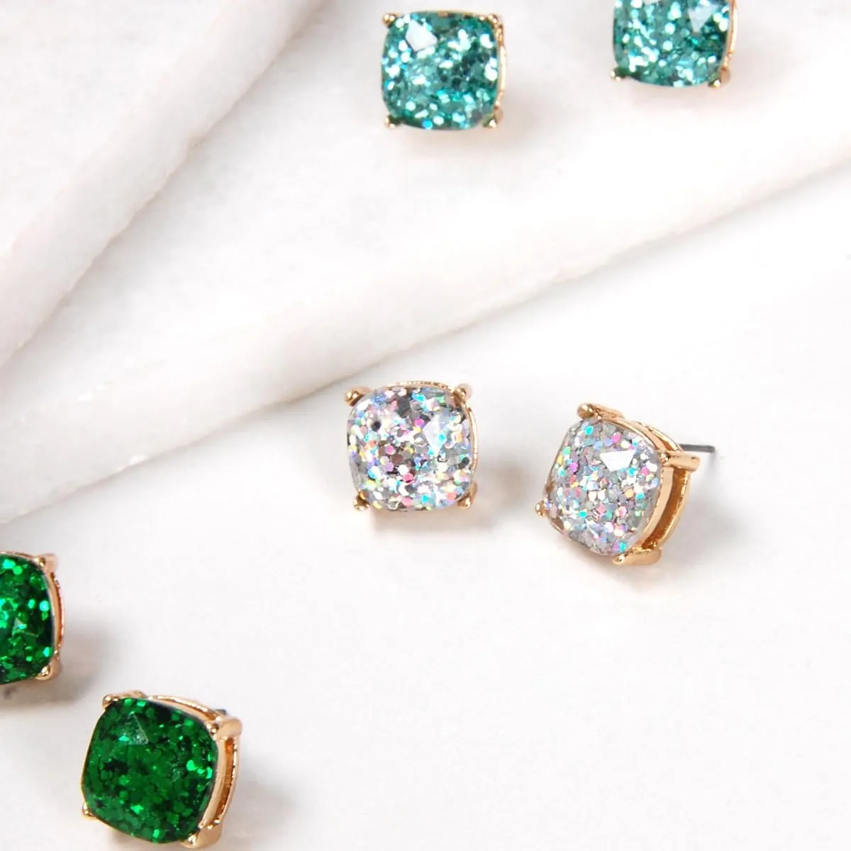 Large Square Stud Earrings for Women - Big Gold-Tone Glitter Statement Post Ear Studs