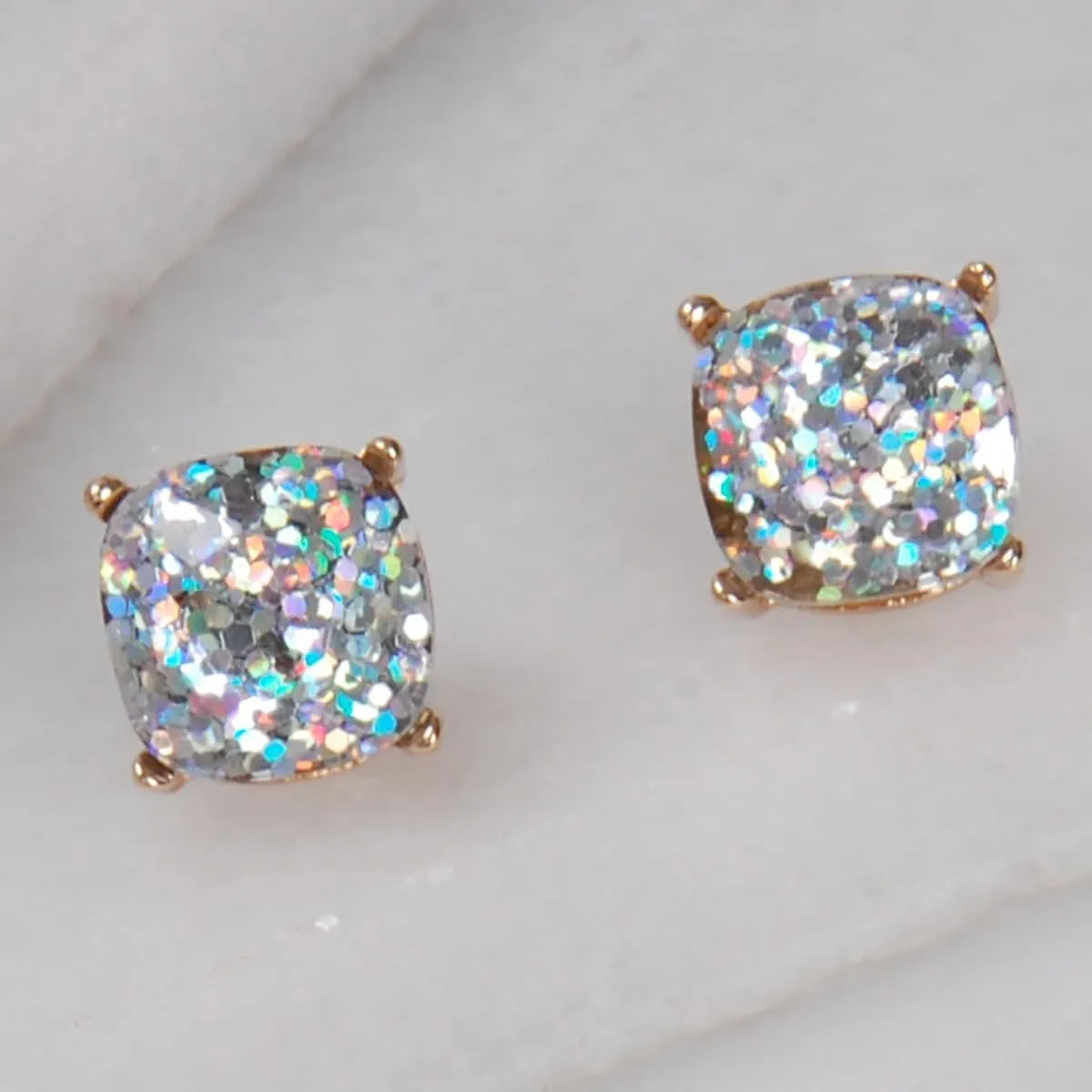 Large Square Stud Earrings for Women - Big Gold-Tone Glitter Statement Post Ear Studs