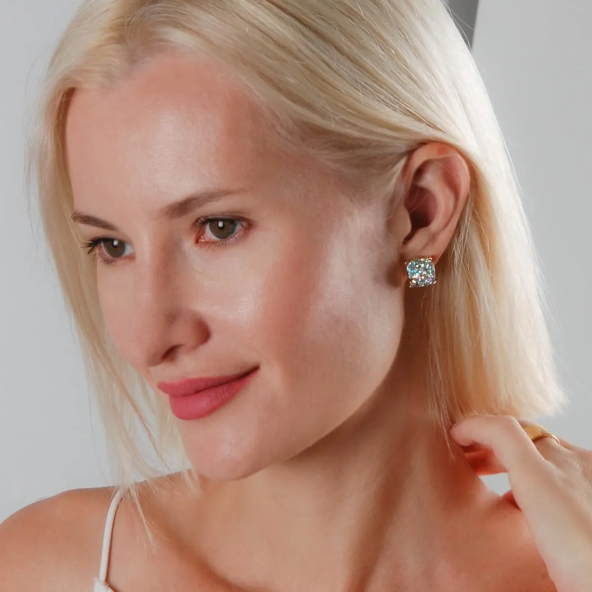 Large Square Stud Earrings for Women - Big Gold-Tone Glitter Statement Post Ear Studs