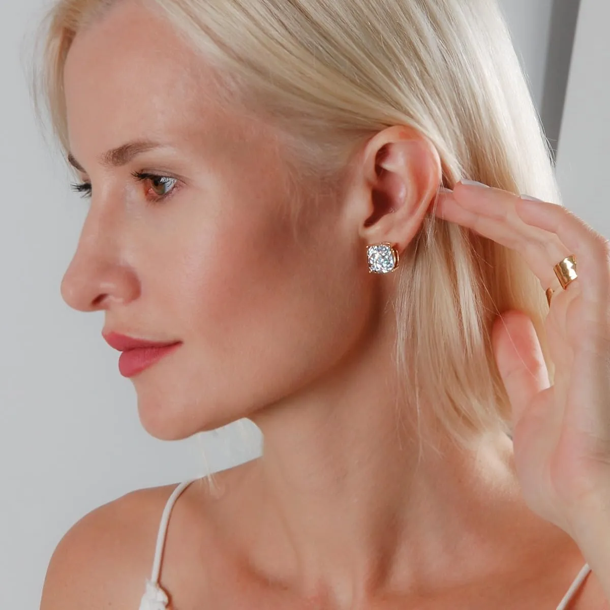 Large Square Stud Earrings for Women - Big Gold-Tone Glitter Statement Post Ear Studs