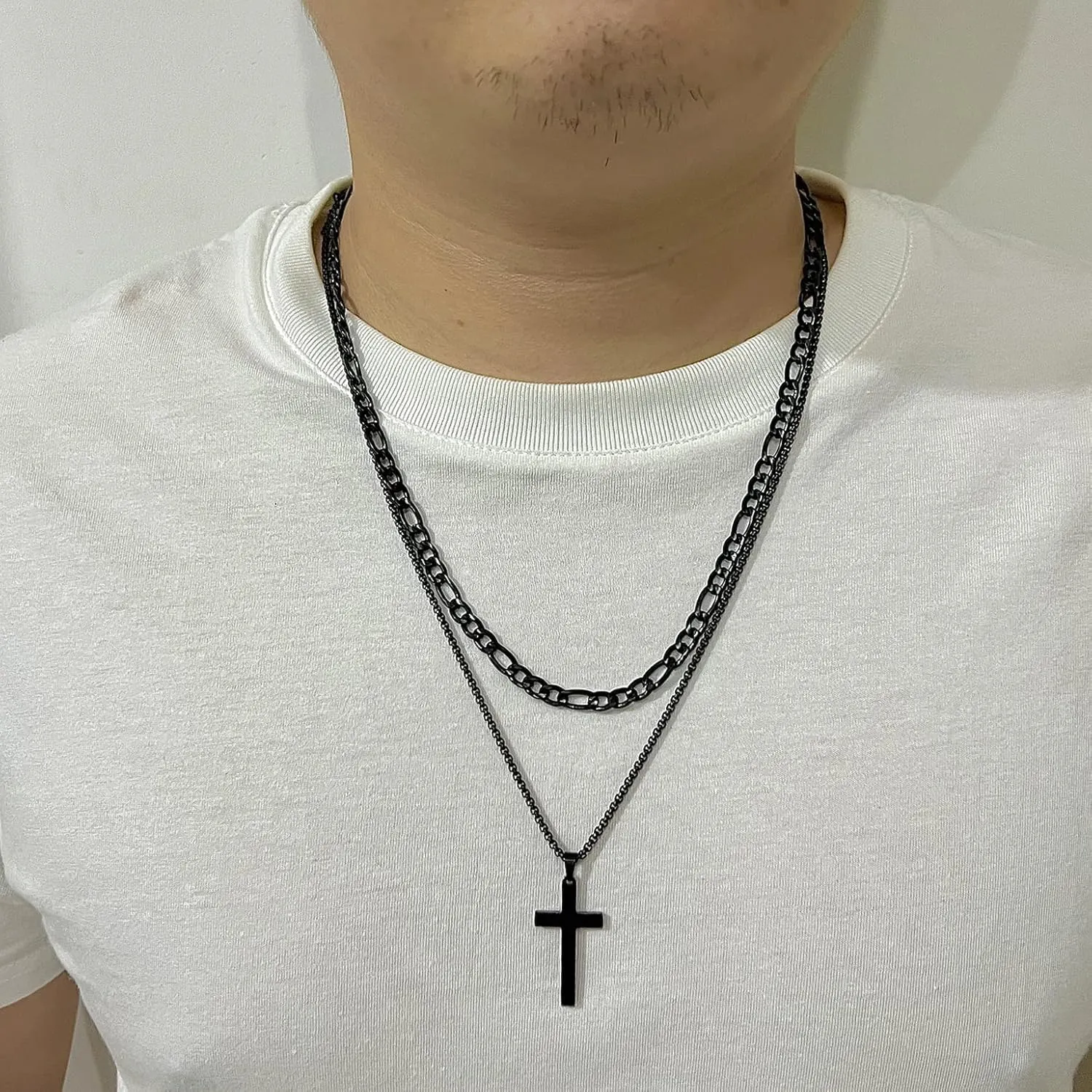 Layered Cross Necklace for Men, 18K Gold Silver Black Stainless Steel Mens Cross Necklaces Cross Chain Layered Rope Chain Cross Necklace for Men Women 16 18 20 22 24 Inch Necklace