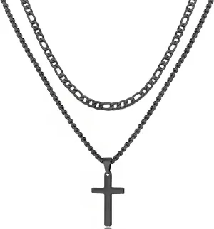Layered Cross Necklace for Men, 18K Gold Silver Black Stainless Steel Mens Cross Necklaces Cross Chain Layered Rope Chain Cross Necklace for Men Women 16 18 20 22 24 Inch Necklace