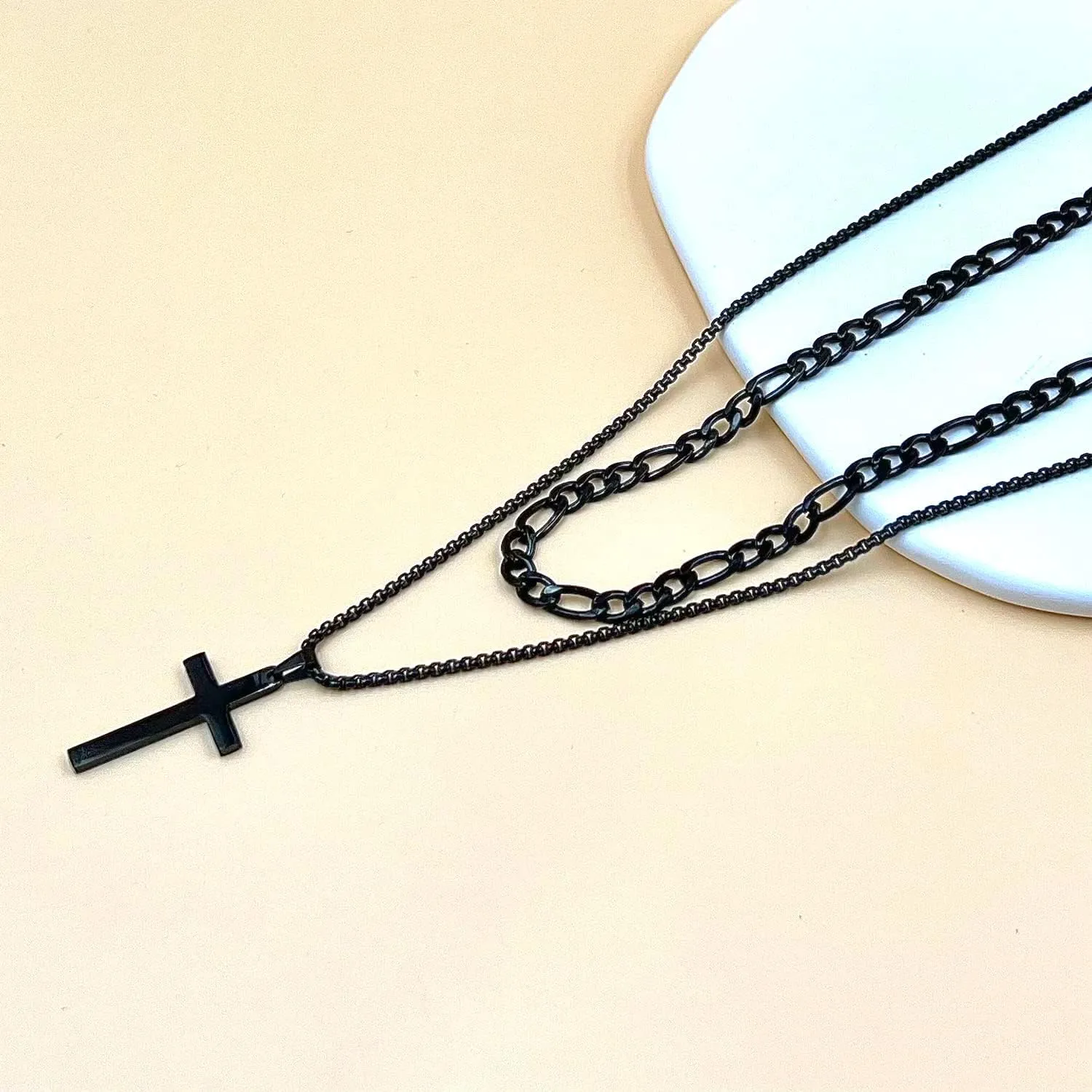 Layered Cross Necklace for Men, 18K Gold Silver Black Stainless Steel Mens Cross Necklaces Cross Chain Layered Rope Chain Cross Necklace for Men Women 16 18 20 22 24 Inch Necklace