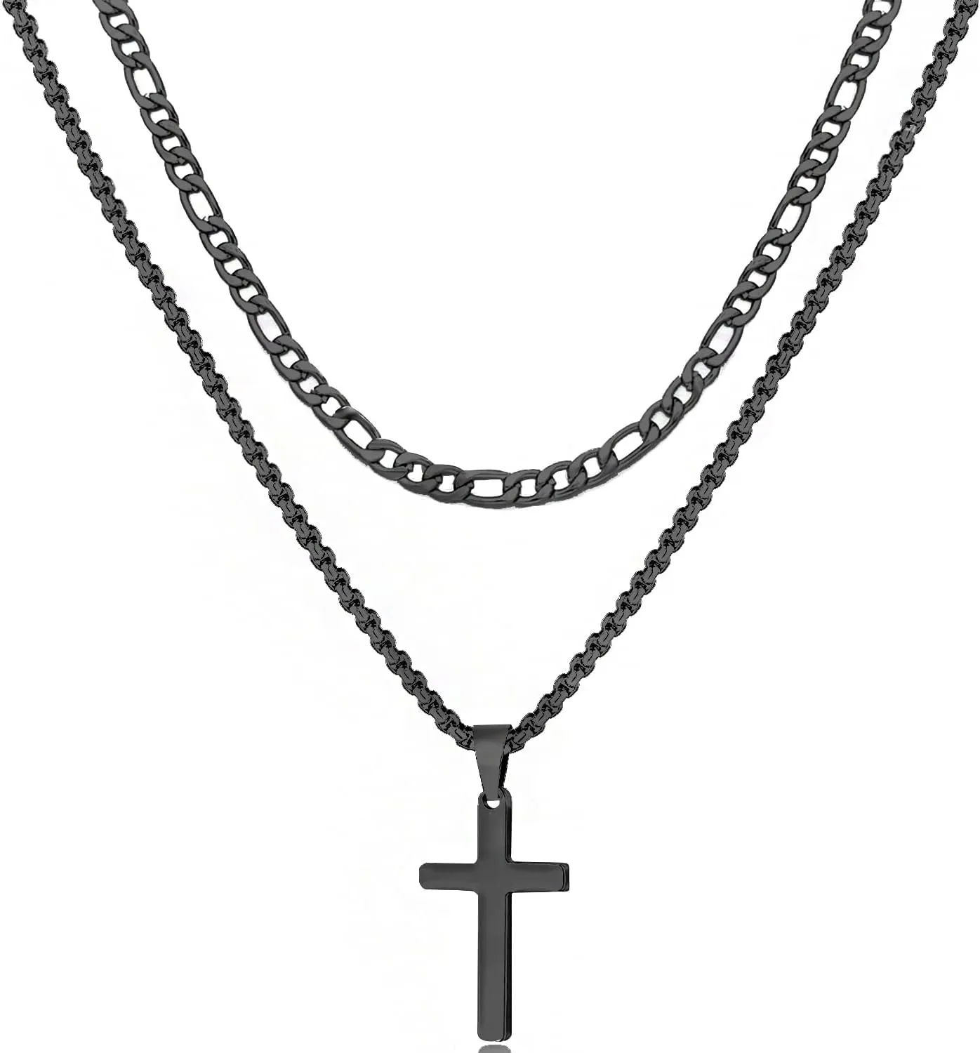 Layered Cross Necklace for Men, 18K Gold Silver Black Stainless Steel Mens Cross Necklaces Cross Chain Layered Rope Chain Cross Necklace for Men Women 16 18 20 22 24 Inch Necklace
