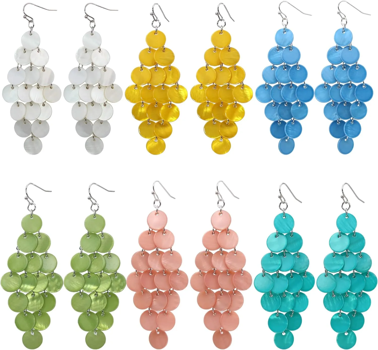 Layered Dangling Shell Disc Beads Earring Handmade Multi Colorful Orange Red Blue Drop Chandelier Earring for Women