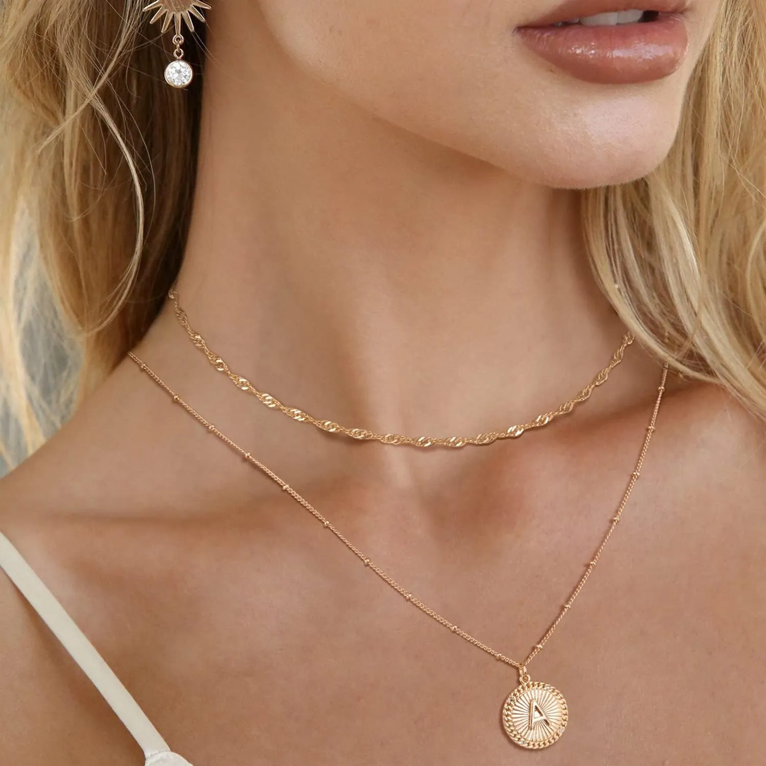Layered Initial Necklace Set Gold Coin Disc CZ Initial Pendant 14K Gold Plated Dainty Water Ripple Link Chain Choker Necklace Personalized Jewelry Gift for Women Letter A-Z