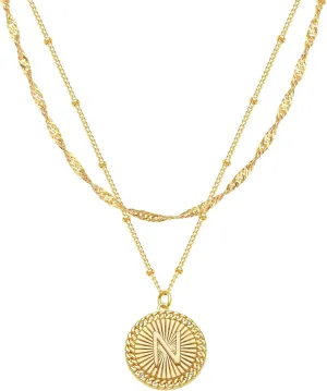 Layered Initial Necklace Set Gold Coin Disc CZ Initial Pendant 14K Gold Plated Dainty Water Ripple Link Chain Choker Necklace Personalized Jewelry Gift for Women Letter A-Z