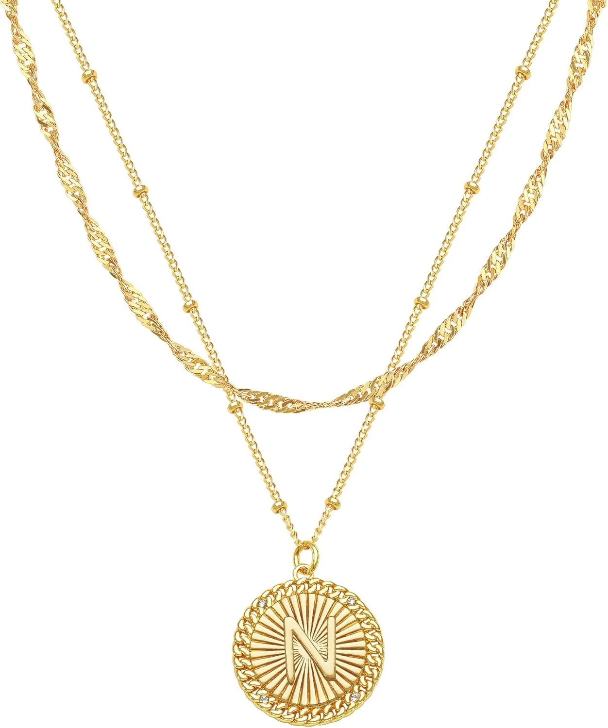 Layered Initial Necklace Set Gold Coin Disc CZ Initial Pendant 14K Gold Plated Dainty Water Ripple Link Chain Choker Necklace Personalized Jewelry Gift for Women Letter A-Z