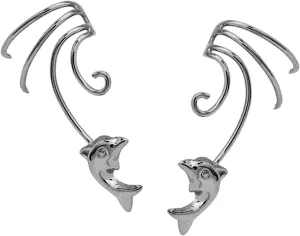 Leaping Dolphin Non-pierced Wave Ear Cuff Earring Wraps Pair Sterling Silver
