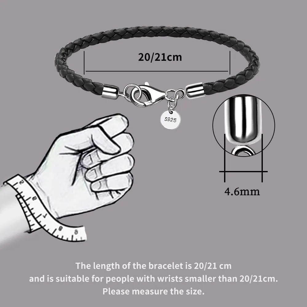 Leather Bracelet for Men Women 4MM Braided 925 silver Clasp 20/21/22cm with Jewelry Gift Box Handcrafted