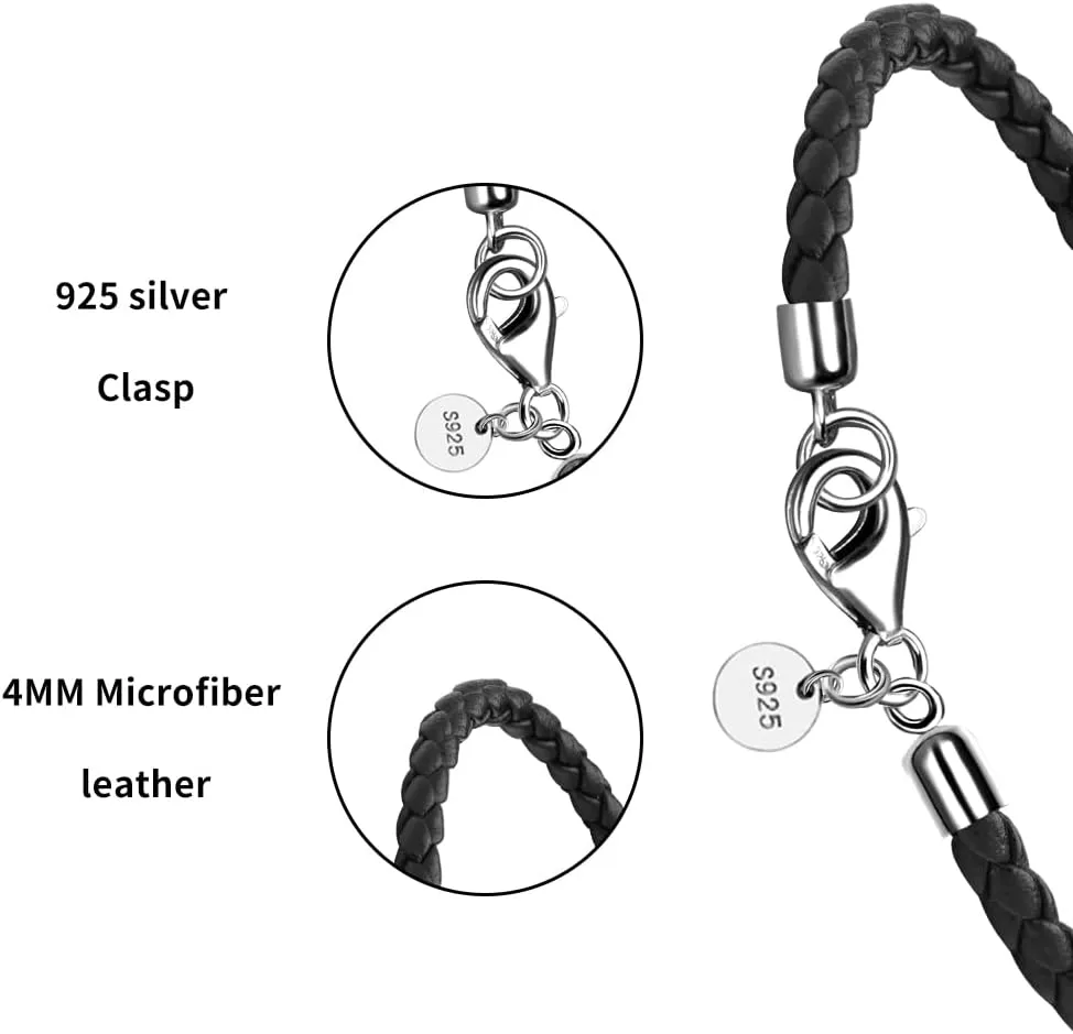 Leather Bracelet for Men Women 4MM Braided 925 silver Clasp 20/21/22cm with Jewelry Gift Box Handcrafted