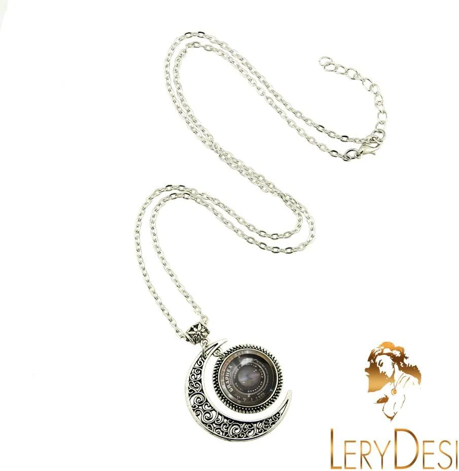 LERYDESI Camera necklace Moon pendant Photo printing handmade production Black grey lens Grahpex jewelry Photographer artist travel sport Gift Custom picture