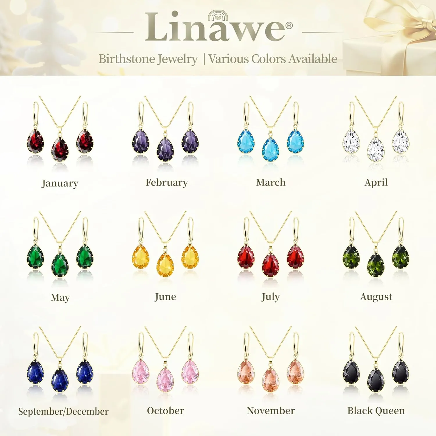 Linawe Crystal Jewelry Sets for Women, Imitation Diamond Pendant Necklace, Rhinestone Drop Dangle Earrings, Birthstone Cubic Zirconia Matching Wedding Jewelry, 14K Gold/Rose Gold/Silver Tones