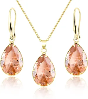 Linawe Crystal Jewelry Sets for Women, Imitation Diamond Pendant Necklace, Rhinestone Drop Dangle Earrings, Birthstone Cubic Zirconia Matching Wedding Jewelry, 14K Gold/Rose Gold/Silver Tones